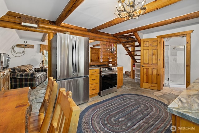 21 Two Springs Rd, Cle Elum, WA 98922 - kitchen featuring stainless steel appliances, a chandelier, and beam ceiling