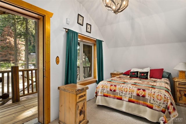 21 Two Springs Rd, Cle Elum, WA 98922 - bedroom with lofted ceiling, a chandelier, and carpet flooring