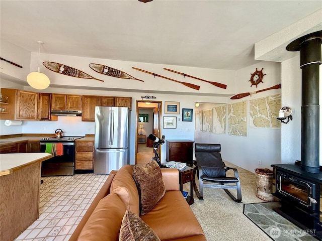 living room with a wood stove