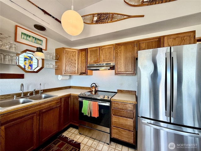 kitchen with brown cabinets, a sink, open shelves, under cabinet range hood, and appliances with stainless steel finishes