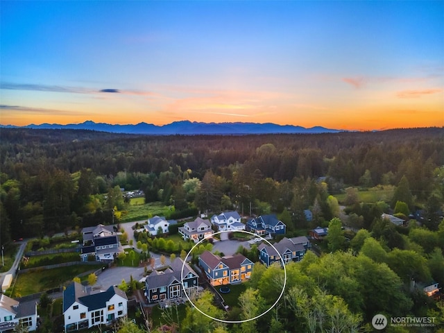 8650 NE Reserve Way, Bainbridge Island, WA 98110 - aerial view at dusk of a view of trees, a mountain view, and a residential view