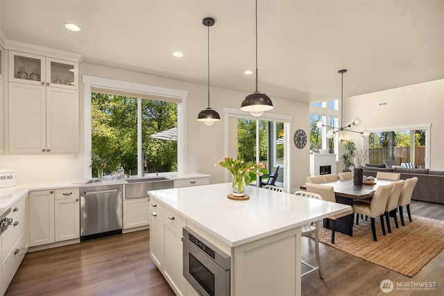 8650 NE Reserve Way, Bainbridge Island, WA 98110 - kitchen with appliances with stainless steel finishes, a sink, dark wood-style flooring, open floor plan, and white cabinets