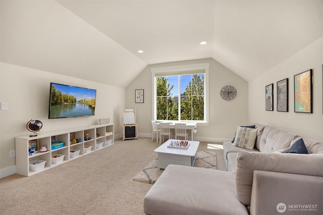 8650 NE Reserve Way, Bainbridge Island, WA 98110 - carpeted living room featuring vaulted ceiling, baseboards, and recessed lighting