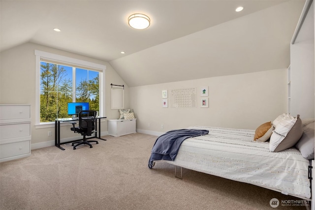 8650 NE Reserve Way, Bainbridge Island, WA 98110 - bedroom with lofted ceiling, baseboards, carpet flooring, recessed lighting, and an office area