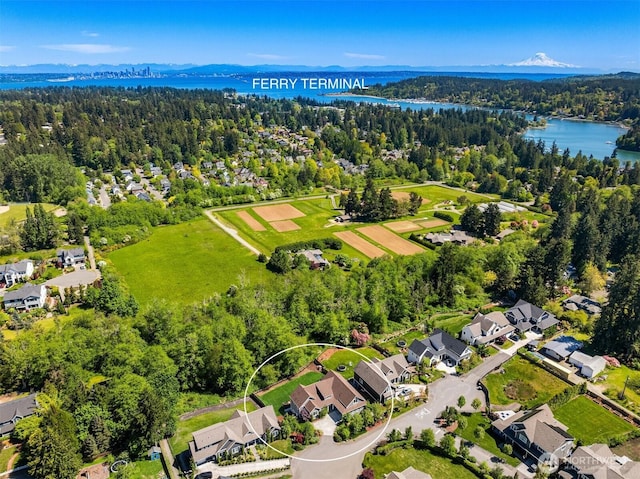 8650 NE Reserve Way, Bainbridge Island, WA 98110 - aerial view of residential area with a large body of water and a forest