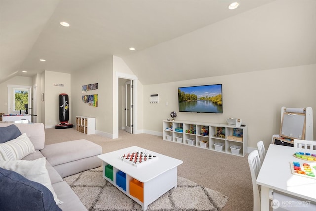 8650 NE Reserve Way, Bainbridge Island, WA 98110 - carpeted living area with lofted ceiling, recessed lighting, and baseboards