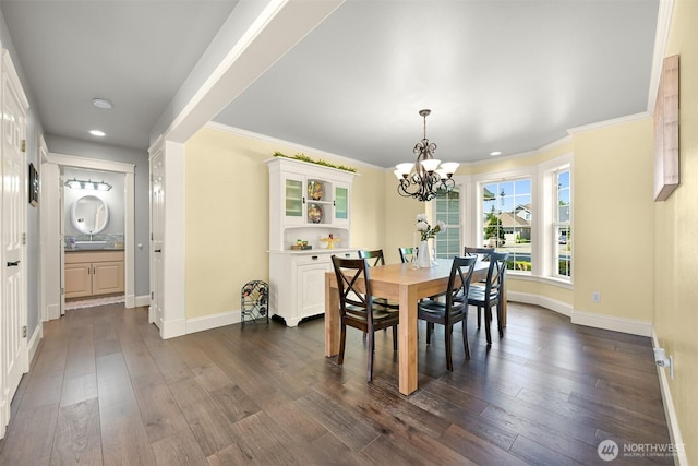 624 E Maberry Dr, Lynden, WA 98264 - dining space featuring a chandelier, baseboards, dark wood-style floors, recessed lighting, and ornamental molding
