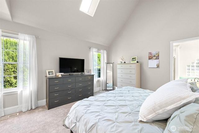 624 E Maberry Dr, Lynden, WA 98264 - bedroom with light carpet, a skylight, baseboards, and high vaulted ceiling