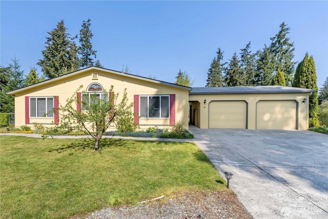 ranch-style house with concrete driveway, an attached garage, and a front lawn