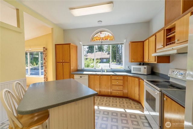 kitchen featuring a sink, dark countertops, light floors, white appliances, and under cabinet range hood