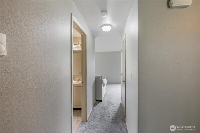 hall with light colored carpet and a textured wall