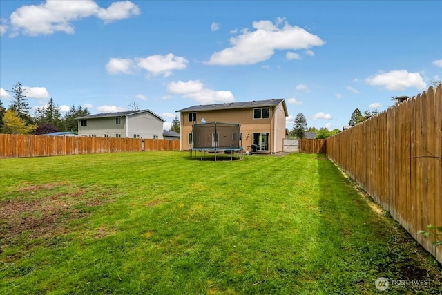 back of property featuring a yard, a trampoline, and a fenced backyard