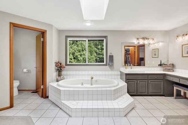 bathroom featuring a bath, toilet, tile patterned flooring, and vanity