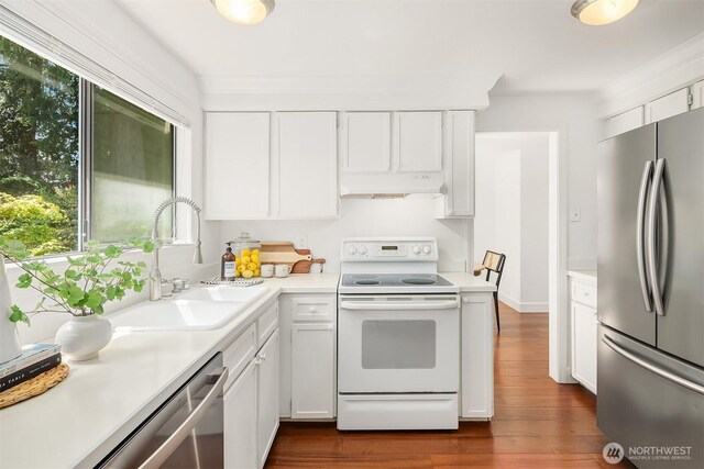 kitchen with appliances with stainless steel finishes, light countertops, white cabinets, a sink, and dark wood-style floors
