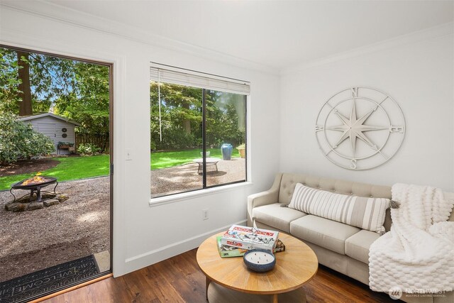 living area with dark wood-style floors, ornamental molding, and baseboards