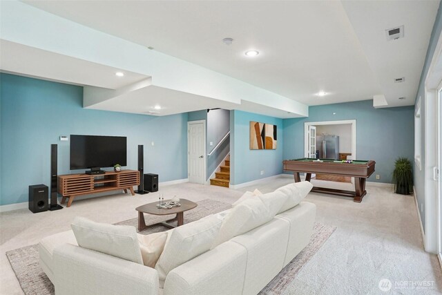 25846 NE 4th Pl, Sammamish, WA 98074 - living area featuring light colored carpet, billiards, baseboards, and recessed lighting