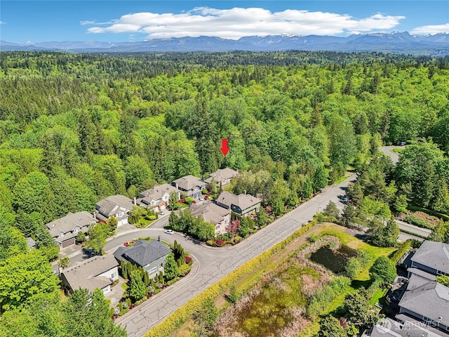 25846 NE 4th Pl, Sammamish, WA 98074 - aerial view of residential area with a heavily wooded area and a mountain backdrop