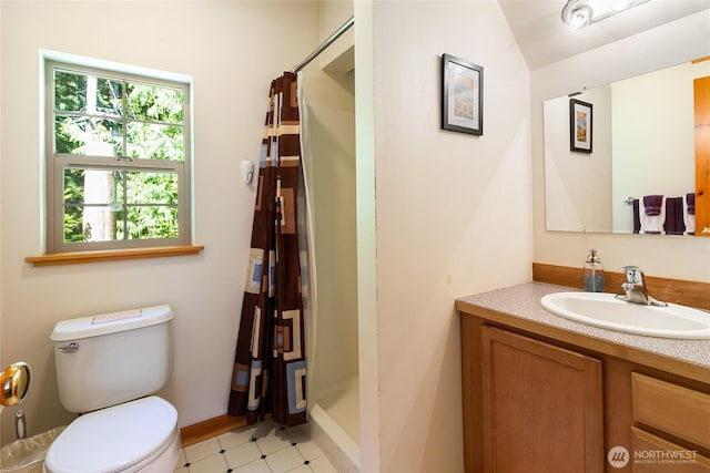 12026 Shuksan Rim Dr, Deming, WA 98244 - bathroom with a stall shower, toilet, vanity, and baseboards