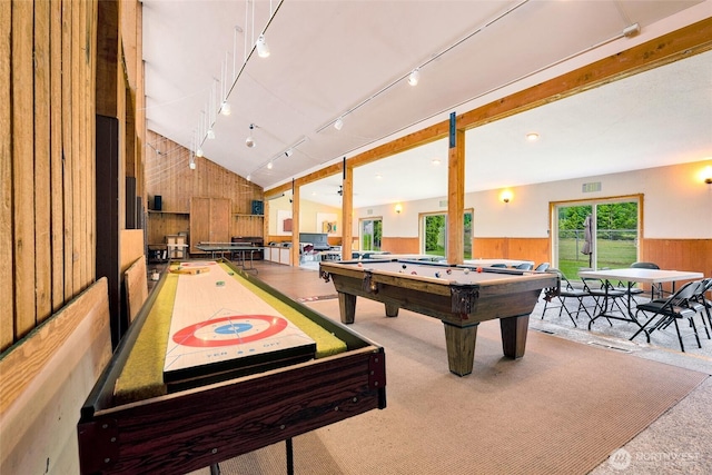 12026 Shuksan Rim Dr, Deming, WA 98244 - playroom featuring wooden walls, billiards, wainscoting, and track lighting