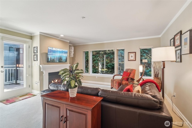 215 20th Ave E Unit 305, Seattle, WA 98112 - living area with carpet floors, baseboards, ornamental molding, and a lit fireplace