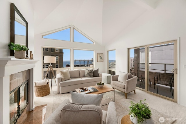 522 W Mercer Pl Unit 401, Seattle, WA 98119 - living room with a water view, a high end fireplace, and high vaulted ceiling