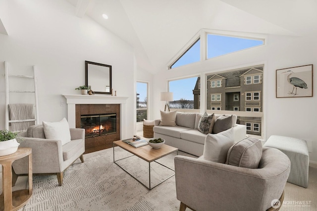 522 W Mercer Pl Unit 401, Seattle, WA 98119 - living room featuring a fireplace and high vaulted ceiling