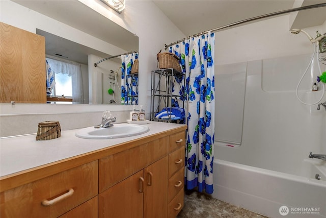 bathroom with vanity and shower / tub combo with curtain