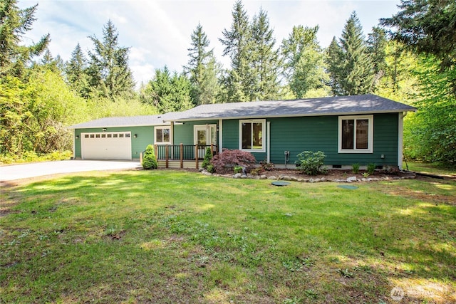 single story home with a garage, driveway, and a front lawn