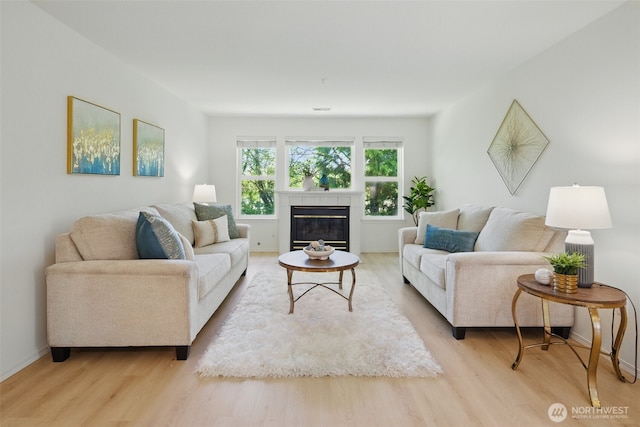 living room with wood finished floors, baseboards, and a glass covered fireplace