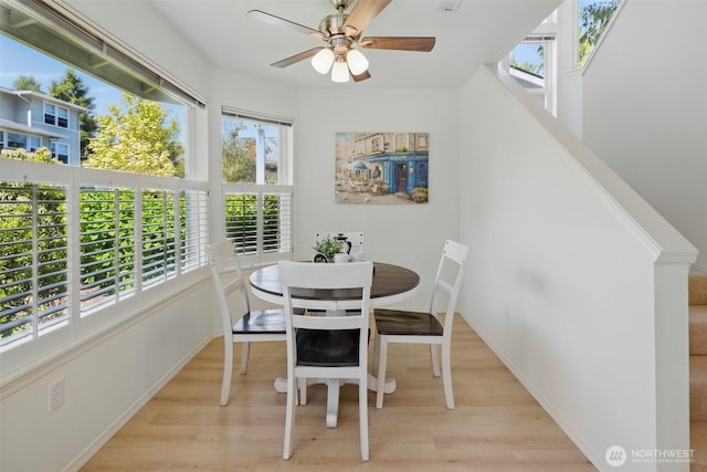 dining space featuring a ceiling fan, baseboards, and wood finished floors