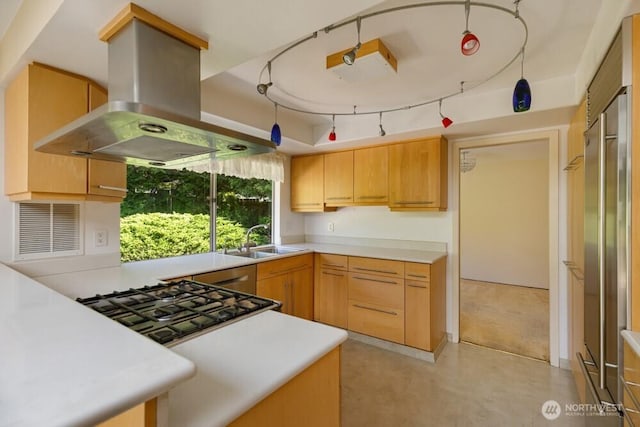 kitchen with a sink, island exhaust hood, light countertops, and visible vents