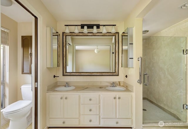 bathroom with a shower stall, toilet, a sink, and double vanity