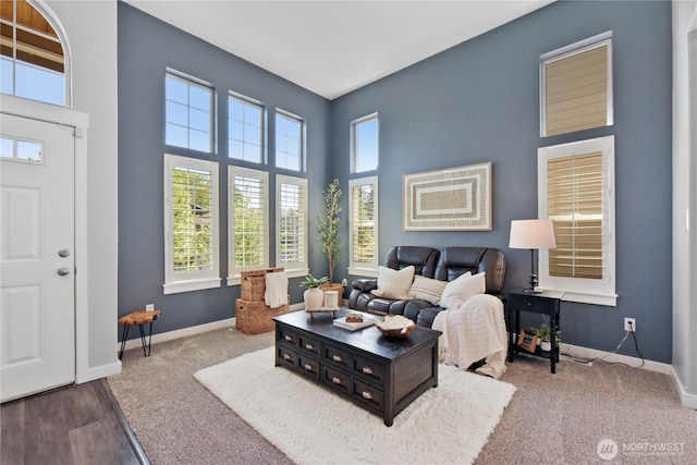 carpeted living area with baseboards