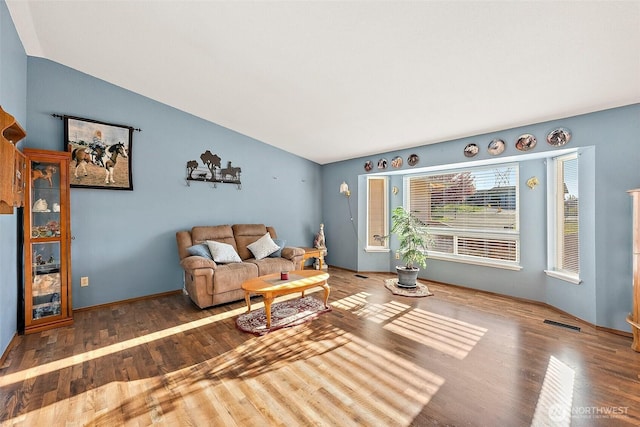 living room with vaulted ceiling and wood finished floors