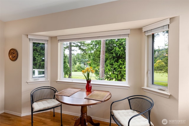 living area featuring wood finished floors and baseboards