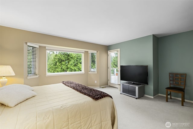 bedroom with access to outside, carpet floors, and baseboards