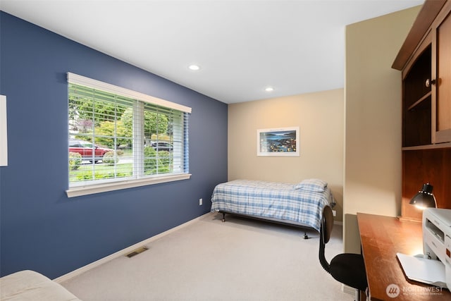 carpeted bedroom with recessed lighting and baseboards