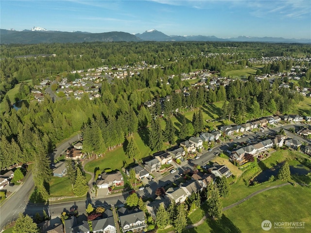aerial overview of property's location with a forest, a mountain backdrop, and nearby suburban area