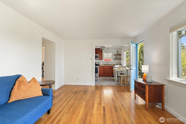 living area with baseboards, a wealth of natural light, and light wood-type flooring