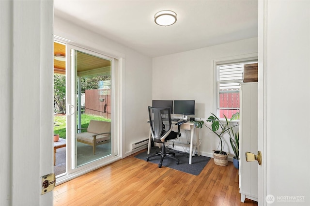 home office with light wood finished floors, baseboards, and baseboard heating