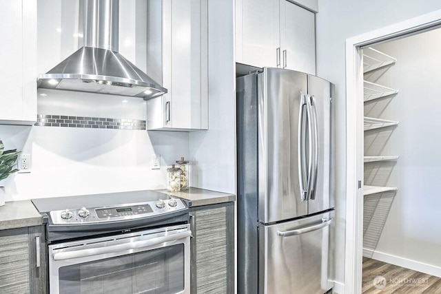 1760 NW 56th St Unit 310, Seattle, WA 98107 - kitchen with appliances with stainless steel finishes, wall chimney range hood, wood finished floors, and modern cabinets