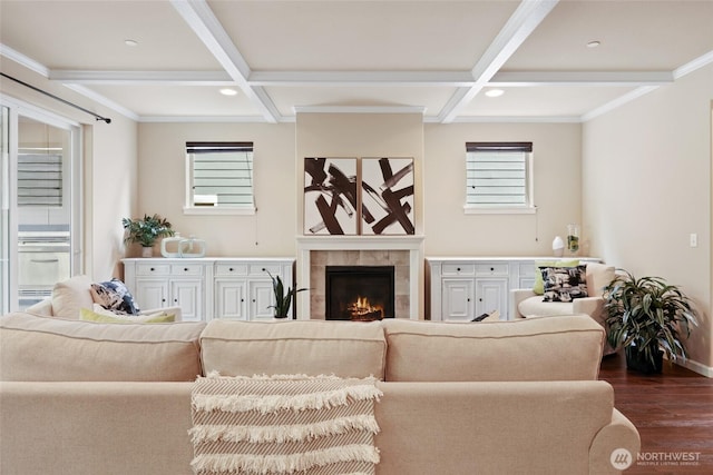 1517 Onyx St SE, Olympia, WA 98501 - living area with coffered ceiling, dark wood-type flooring, and beam ceiling