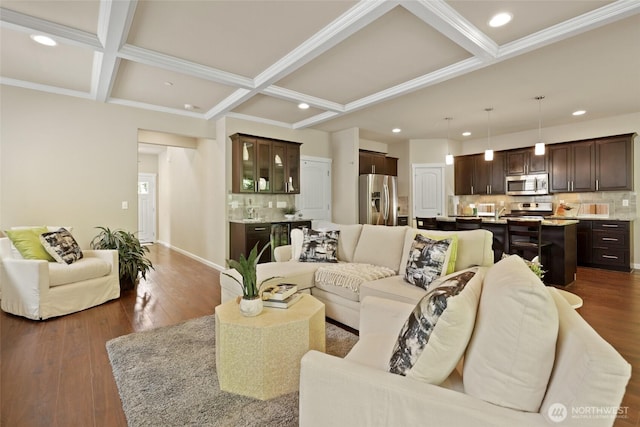 1517 Onyx St SE, Olympia, WA 98501 - living area with coffered ceiling, beam ceiling, dark wood-style floors, and recessed lighting