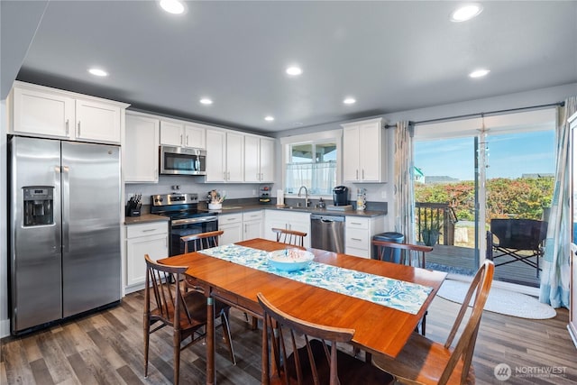 kitchen featuring stainless steel appliances, a sink, dark countertops, recessed lighting, and white cabinetry