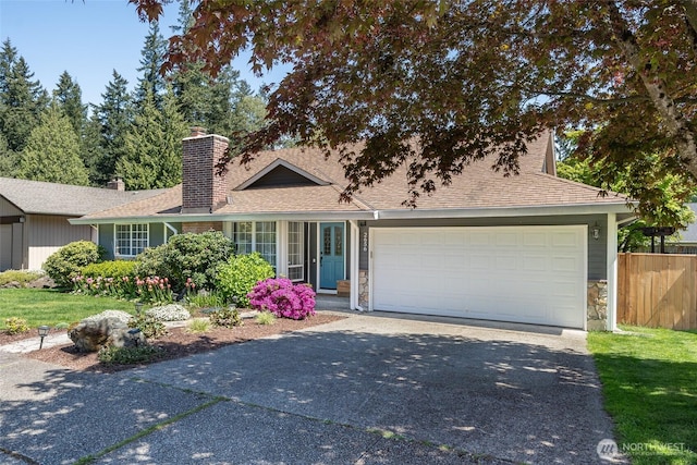 2656 168th Ave NE, Bellevue, WA 98008 - single story home with asphalt driveway, stone siding, a garage, a shingled roof, and a chimney