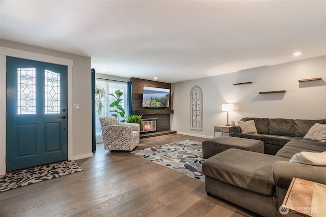 2656 168th Ave NE, Bellevue, WA 98008 - living room featuring wood finished floors, baseboards, a fireplace, and recessed lighting