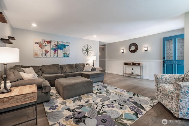 2656 168th Ave NE, Bellevue, WA 98008 - living area with wood finished floors, a wainscoted wall, and recessed lighting