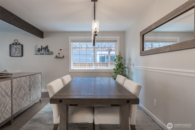 2656 168th Ave NE, Bellevue, WA 98008 - dining space featuring baseboards, wood finished floors, and beamed ceiling
