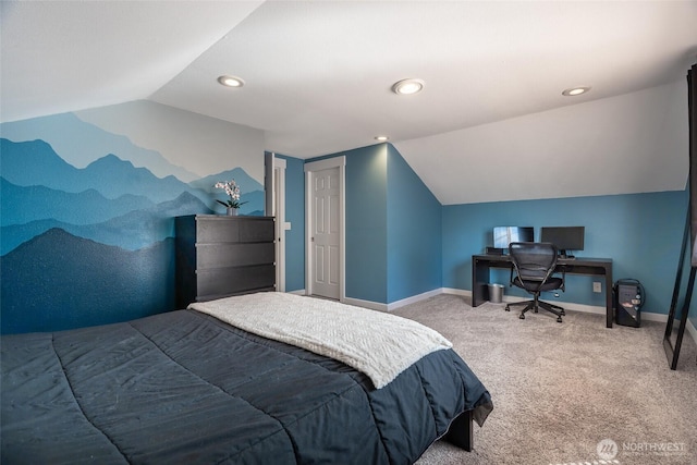 2656 168th Ave NE, Bellevue, WA 98008 - carpeted bedroom with lofted ceiling, baseboards, an office area, and recessed lighting