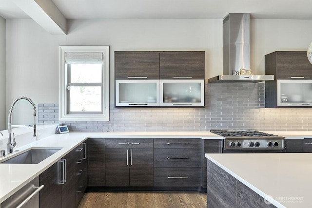 3319 Burnett Ave N, Renton, WA 98056 - kitchen featuring wall chimney exhaust hood, appliances with stainless steel finishes, light countertops, glass insert cabinets, and decorative backsplash